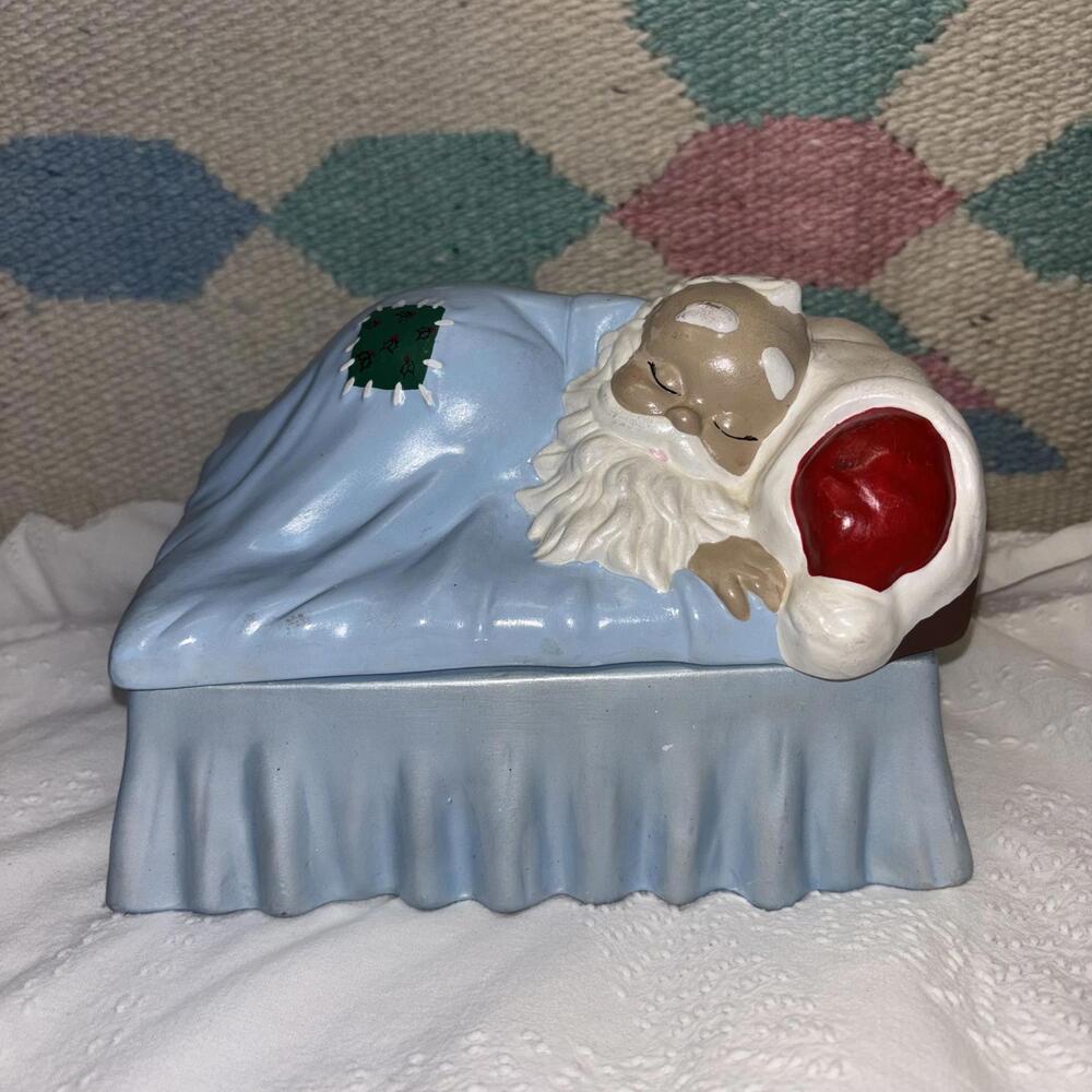 Vtg ceramic sleeping Santa trinket box - Picture 1 of 5